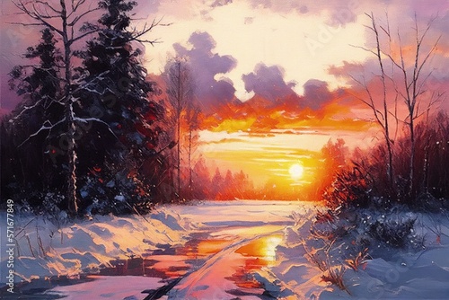 Winter sunset. Oil painting. Generative AI art.