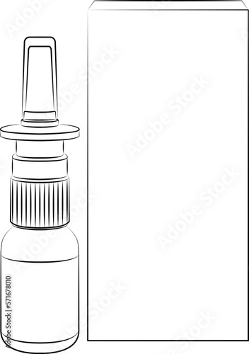 Nasal spray for colds and seasonal allergies. Aerosol spray pump packaging drug. Drug spray for the nose. sketch drawing, contour lines drawn