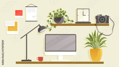 Empty office, place for work at home. Working space interior design. Workplace of employee with computer. Desktop, monitor, lamp, shelf with decorative elements, potted plants. Study place at table