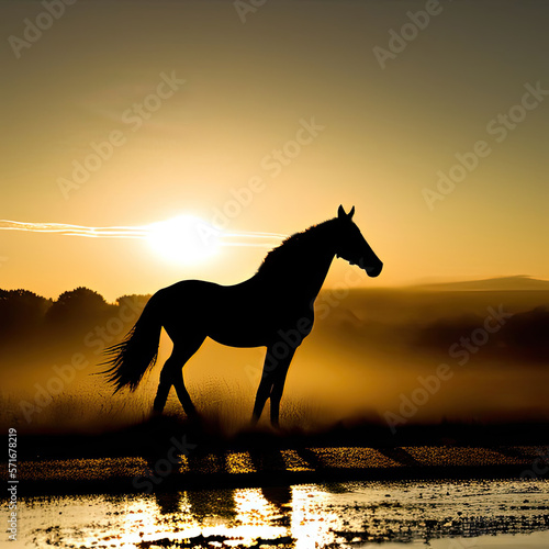 Picturesque silhouette of a stallion against the setting sun  created with Generative AI technology