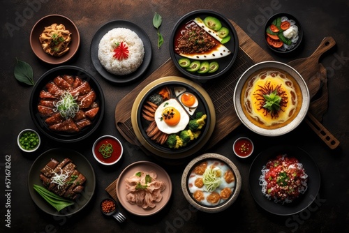 Assortment of Korean traditional dishes. Asian food. Top view, flat lay, panorama. Generative AI