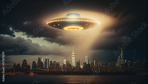 UFO in the sky over New York. Flying saucer. Generative AI