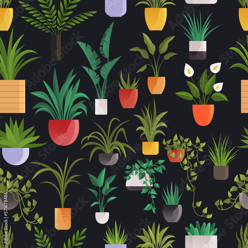 Plant in pot seamless pattern flowerpots set. Cartoon flat different indoor potted decorative houseplants for interior home or office decoration, green garden floral collection isolated on black