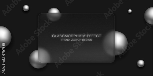Modern abstraction. Glassmorphism trend design. 3в Spheres and glass panel. Monochome illustration. Dark background. Vector art