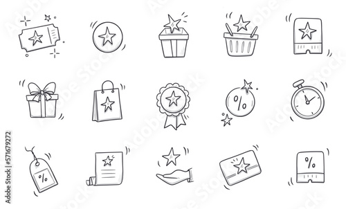 Doodle gift, discount coupon icon set. Hand drawn sketch style bonus card, loyalty program icon. Bonus point reward program offer doodle. Vector illustration.