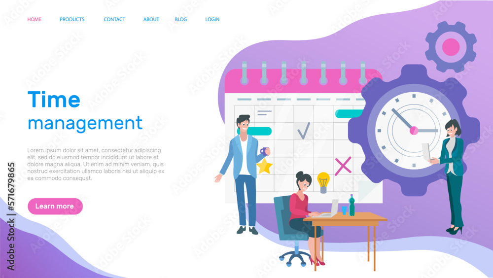 Time management, workflow organization website layout. Work efficiency, productivity increase. People work with time management and schedule planning. Scheduling, dealing with deadline concept