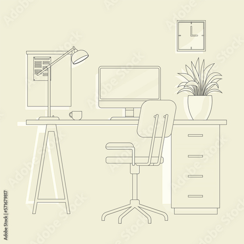 Modern home office interior line art. Remote workplace with desk, chair, computer and potted plants. Front view of empty working place with furniture. Workspace, freelance or studying concept