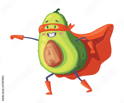 Green Avocado Superhero Character in Red Cloak with Outsretched Arm Rushing to Rescue as Justice Fighter Vector Illustration