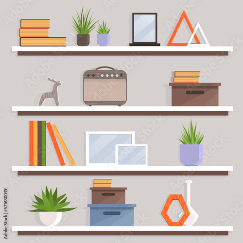 Wooden shelves with decor items. Cartoon design style bookshelves with different interior things potted plant, box and books, statuette, vase. Hanging shelf with decorations. Office or home furniture