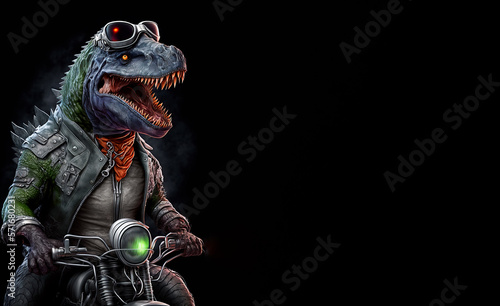 black dragon or dinosaur on a motorcycle bike wearing goggles and looking cool for the gang.  Image created with generative ai 