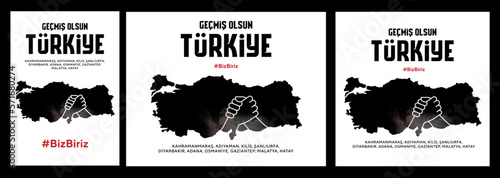 Turkey earthquake. Pray for Turkey earthquake. Turkish: Geçmiş olsun Türkiye. Map of Turkey in color of national flag with cracks. Pray for Turkey Vector illustration set.