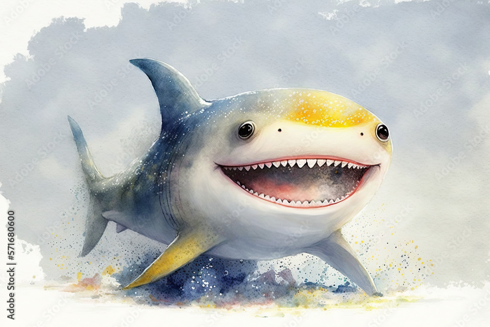 Cute little baby shark, smiling happy watercolor, Generative AI
