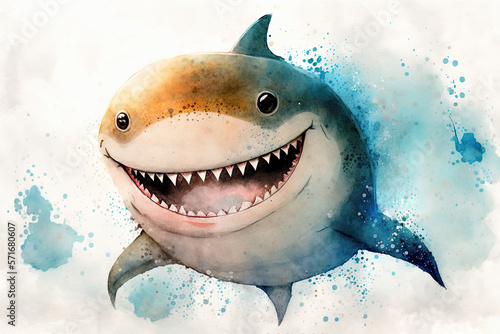 Cute little baby shark, smiling happy watercolor, Generative AI, Generative, AI