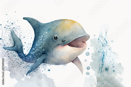 Cute little baby shark, smiling happy watercolor, Generative AI, Generative, AI