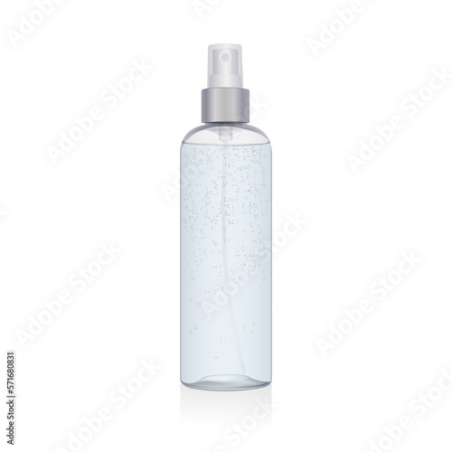 Transparent and plastic bottle with blue liquid. Mockup of round plastic packaging with silver spray isolated on white background. Clear PET container. Bottle template for sanitizer, shower gel, tonic