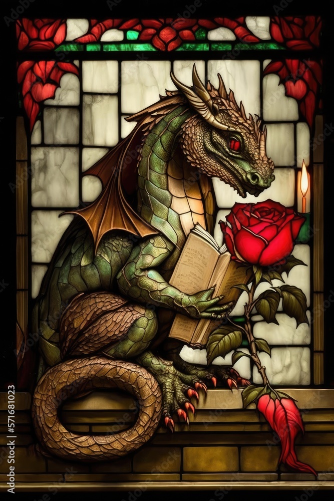 illustration Cute Dragon with a Rose and a Book, Sant Jordi, generative AI