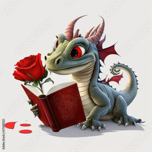illustration Cute Dragon with a Rose and a Book, Sant Jordi, generative AI