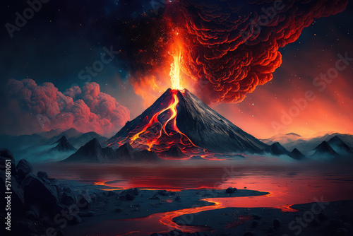 illustration painting of Night landscape with volcano and burning lava. 3D illustration. (ai generated) photo