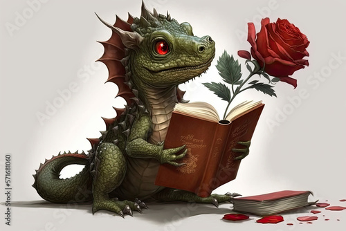 illustration Cute Dragon with a Rose and a Book, Sant Jordi, generative AI