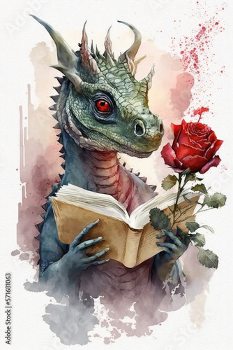 illustration Cute Dragon with a Rose and a Book, Sant Jordi, generative AI photo