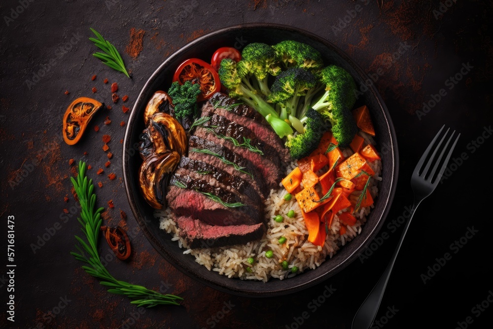 Power bowl with beef steak, rice, and vegetables. concept of a healthy