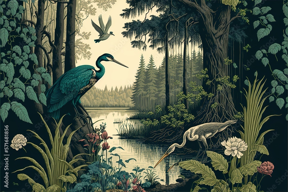 Vintage wallpaper of forest landscape with lake, plants, trees, birds, herons, butterflies and insects - obrazy, fototapety, plakaty 