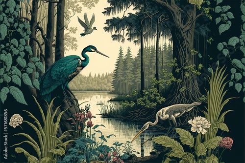 Vintage wallpaper of forest landscape with lake, plants, trees, birds, herons, b Fototapet