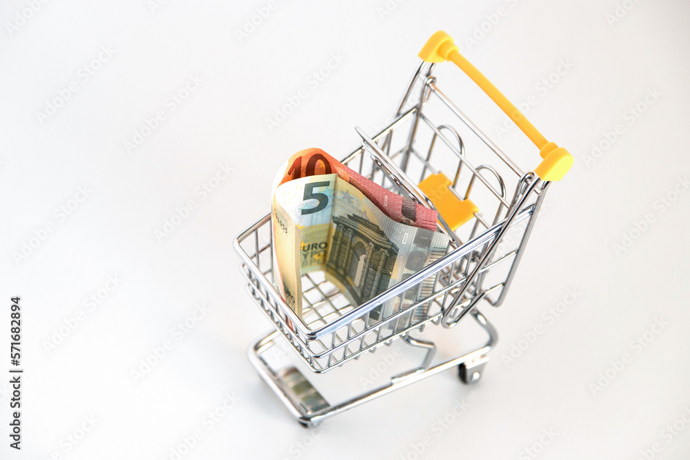 Supermarket shopping cart
with euro banknotes inside on white background. Conceptual image about purchasing power, family expenses, essential goods, consumer society. Copy space.