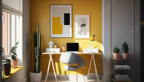 Bright, sunny yellow home office space — Generative AI