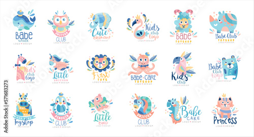 Baby Club logo design set. Toy shop, education center labels, badges with cute animals and birds hand drawn vector illustration