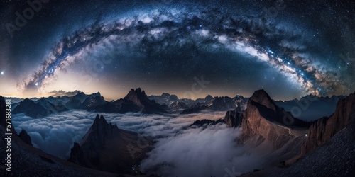 Milky Way in autumnal nighttime fog above mountains. Landscape with an alpine mountain valley, low clouds, a milky way colored starry sky, and city lights Aerial. Italy's Dolomites, Passo Giau. Space