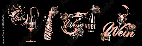 Collection of wine glasses and bottles - Wine Designs. Sketch vector illustration. Hand drawn elements for invitation cards, advertising banner and menu cards. Wine glasses with splashing wine.