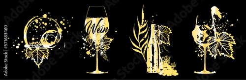 Collection of wine glasses and bottles - Wine Designs. Sketch vector illustration. Hand drawn elements for invitation cards, advertising banner and menu cards. Wine glasses with splashing wine.