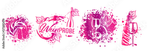 Collection of wine glasses and bottles - Wine Designs. Sketch vector illustration. Hand drawn elements for invitation cards, advertising banner and menu cards. Wine glasses with splashing wine.