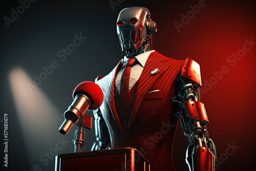 Socialist or communist artificial intelligence bot robot in red suit giving a speech to a microphone on stage with copy space, generative AI