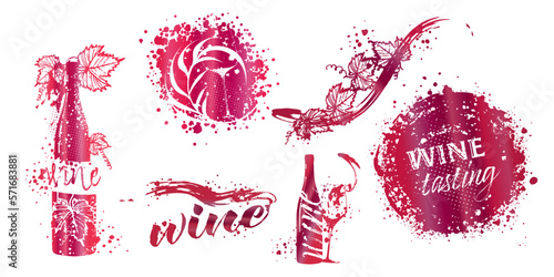 Collection of wine glasses and bottles - Wine Designs. Sketch vector illustration. Hand drawn elements for invitation cards, advertising banner and menu cards. Wine glasses with splashing wine.