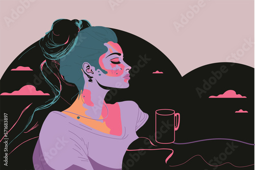 woman relaxing with a cup of coffee, cmyk pastel colors, clean vector illustration