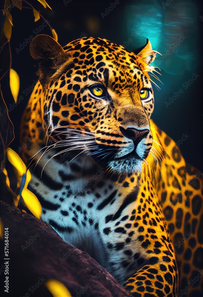 Obraz premium Photography, close up of a vivid yellow jaguar in the jungle, neon colors, spotlight. Generative AI.
