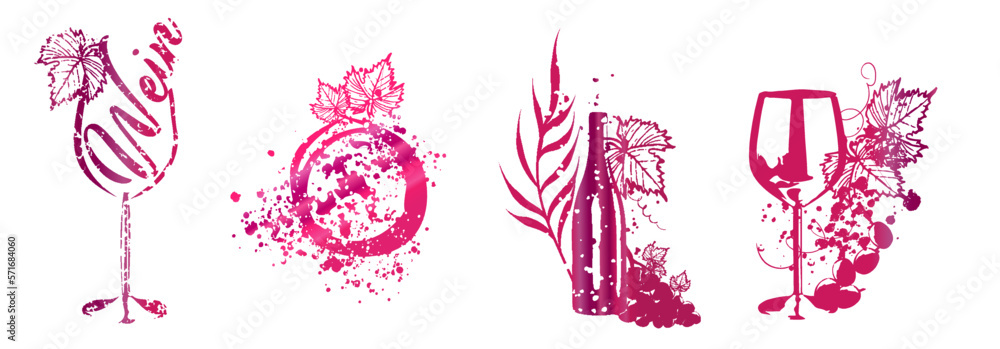 Collection of wine glasses and bottles - Wine Designs. Sketch vector illustration. Hand drawn elements for invitation cards, advertising banner and menu cards. Wine glasses with splashing wine. Collection of wine glasses and bottles - Wine Designs. Sketch vector illustration. Hand drawn elements for invitation cards, advertising banner and menu cards. Wine glasses with splashing wine.