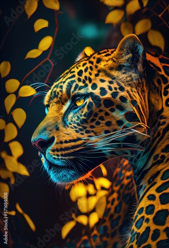 Photography  close up of a vivid yellow jaguar in the jungle  neon colors  spotlight. Generative AI.