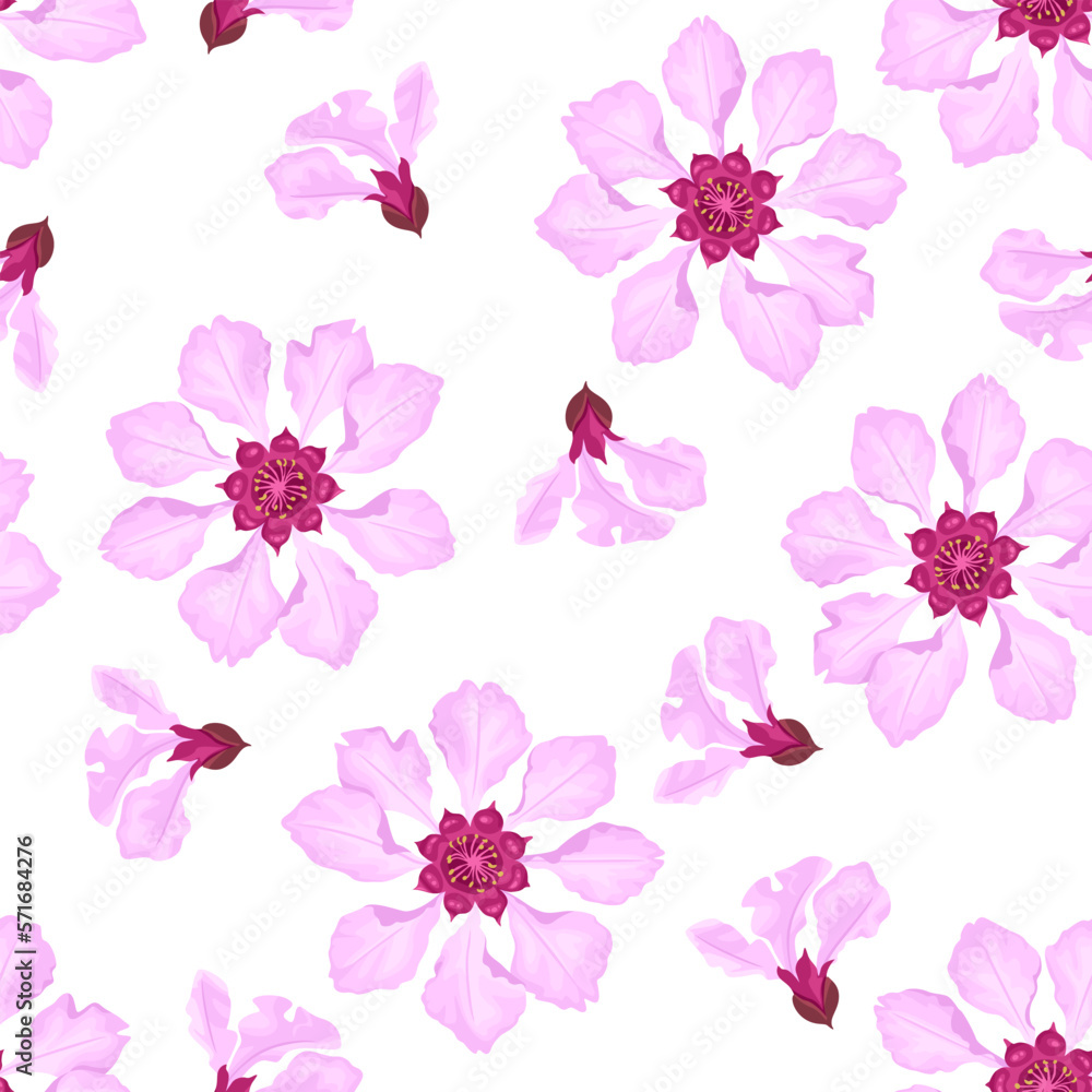 Floral background. Pink flowers isolated on white. Botanical seamless pattern. Vector cartoon illustration Floral background. Pink flowers isolated on white. Botanical seamless pattern. Vector cartoon illustration