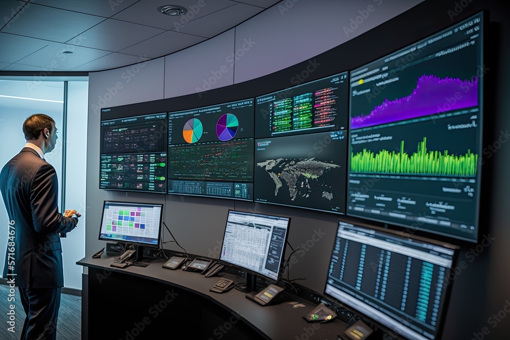 imagine a bustling financial hub, where glowing screens displaying streams of market data and forex charts line the walls. Generative AI. imagine a bustling financial hub, where glowing screens displaying streams of market data and forex charts line the walls. Generative AI.