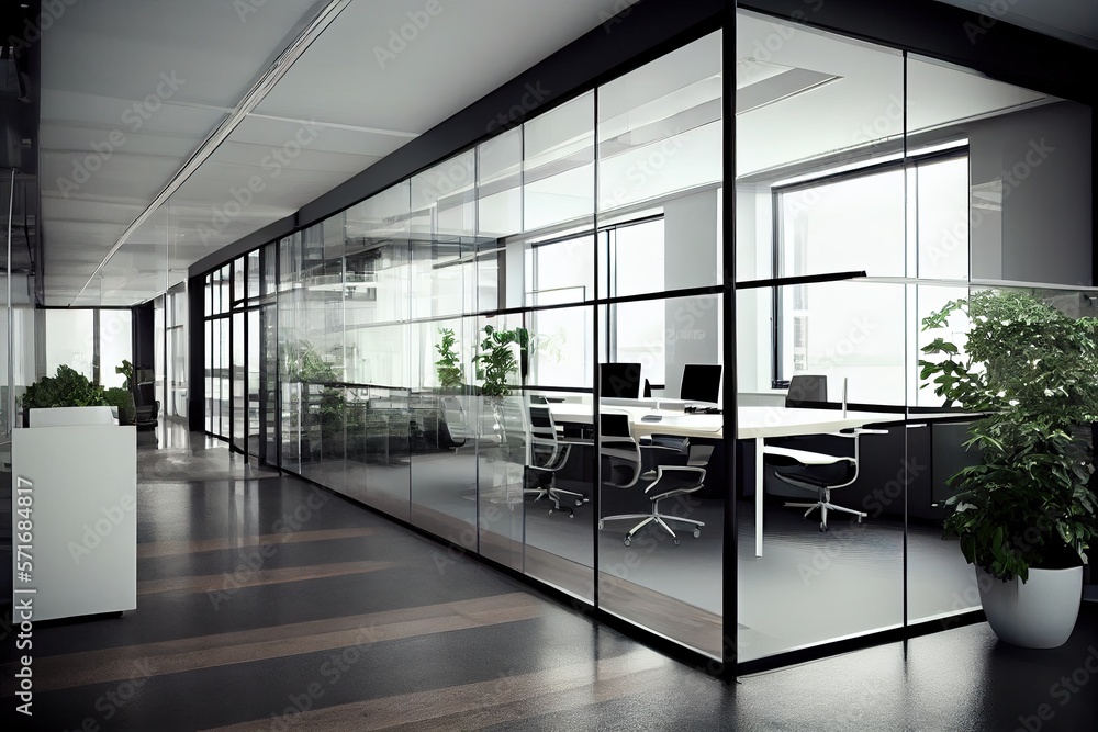 Modern glass office corridor with empty mockup place on dark wall, furniture and wooden flooring. Generative AI. Modern glass office corridor with empty mockup place on dark wall, furniture and wooden flooring. Generative AI.