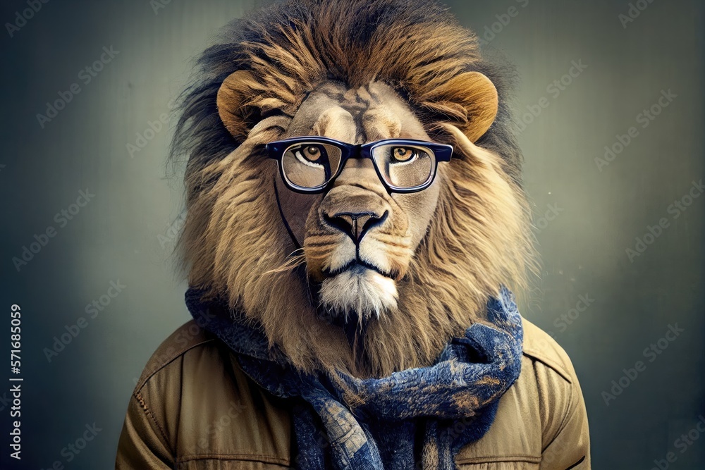 Hipster lion wearing clothes and glasses. Generative AI.