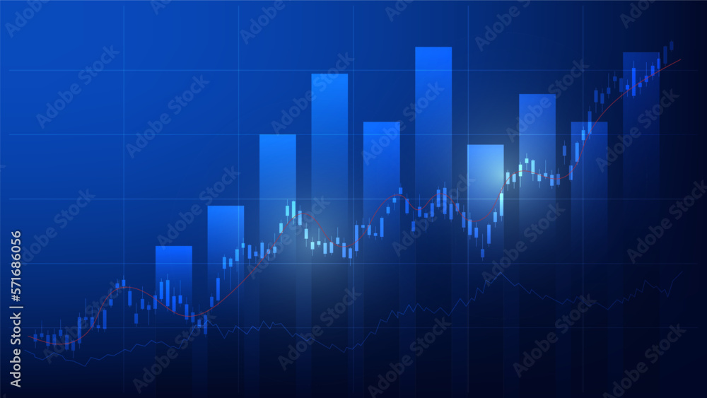 Financial business statistics with bar graph and candlestick chart show stock market price and effective earning on blue background Financial business statistics with bar graph and candlestick chart show stock market price and effective earning on blue background