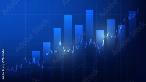 Financial business statistics with bar graph and candlestick chart show stock market price and effective earning on blue background