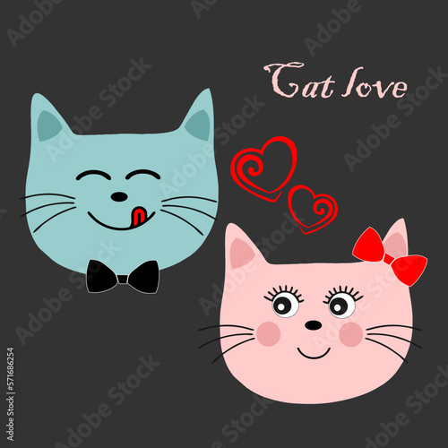 Funny muzzles of cats depict love. A cat in a bow tie and a cat with a bow on her ear. Vector.