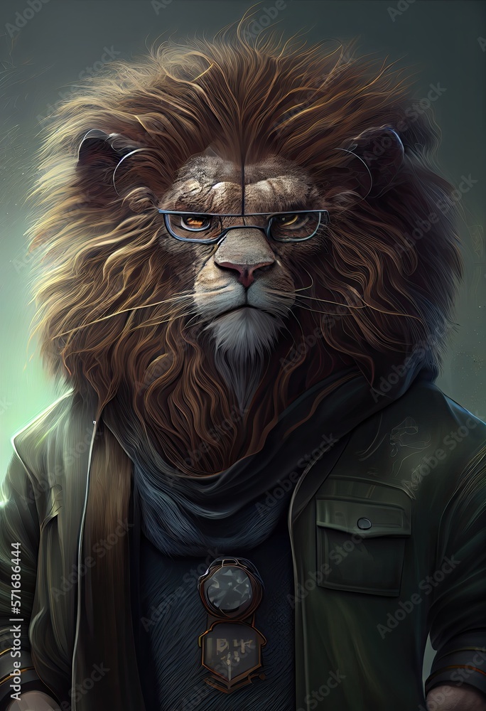 Hipster lion wearing clothes and glasses. Generative AI. Hipster lion wearing clothes and glasses. Generative AI.