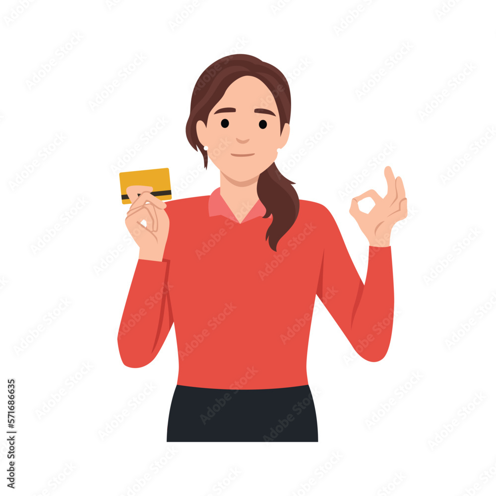 Professional business woman showing or holding credit or debit or ATM banking card and gesturing making okay or ok sign, while winking eye. Good like deal agree Professional business woman showing or holding credit or debit or ATM banking card and gesturing making okay or ok sign, while winking eye. Good like deal agree