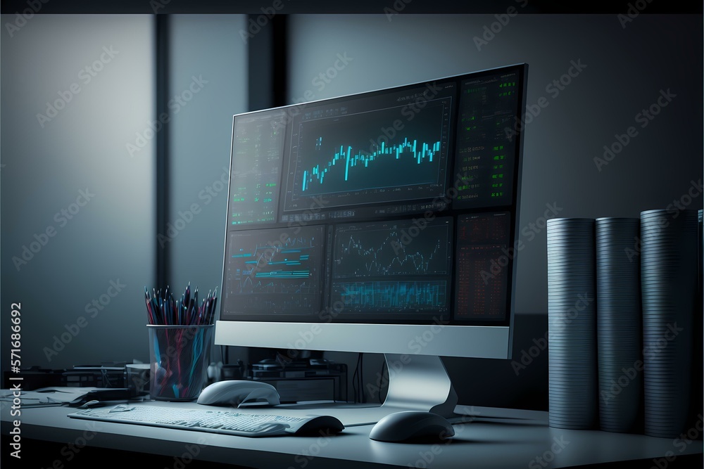 A computer monitor with a keyboard and mouse on a desk - Generative AI A computer monitor with a keyboard and mouse on a desk - Generative AI